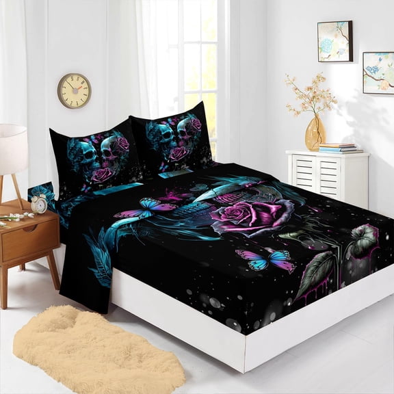 Sugar Skull 4 Piece Fitted Sheet Set - King Size, Skull Couple Rose Bed Sheet Set, Pillowcases