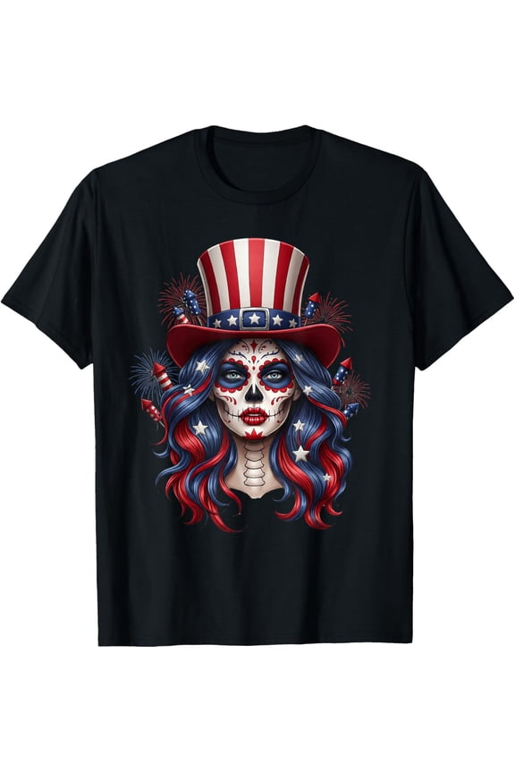 Sugar Skull 4Th Of July American Usa Flag Skeleton T-Shirt, Unisex T-Shirt