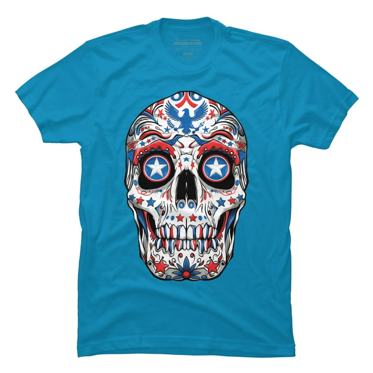 ★HYDROGEN★Unisex Skull &Flower Graphic Tee BLUE Sugar Skull 4th Of July Mens Turquoise Blue Graphic Tee