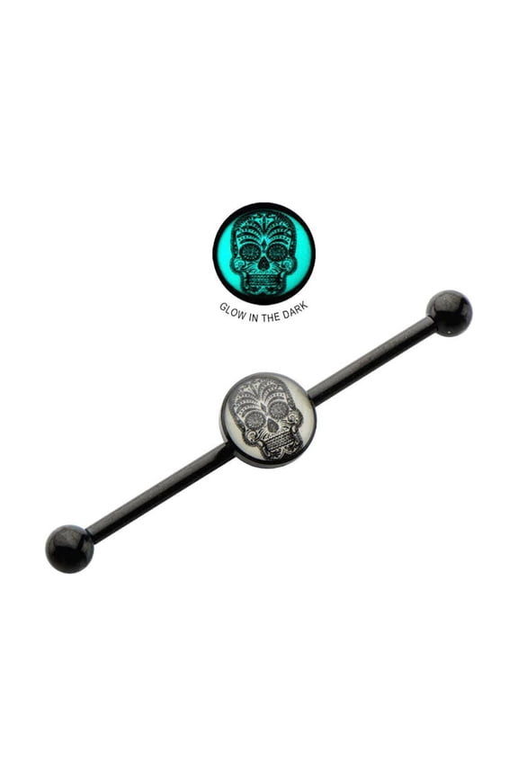 Sugar Skull Barbell Industrial Surgical Steel Body Jewelry Glows in the Dark