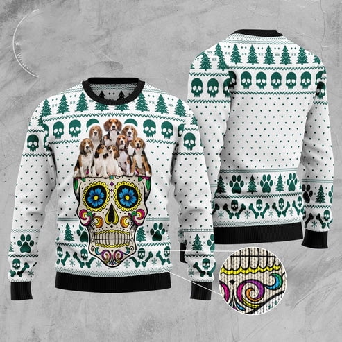 Sugar Skull Beagles 3D Christmas Sweater, Funny Xmas Sweater, Sweater Xmas