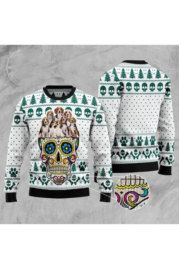 Sugar Skull Beagles 3D Christmas Sweater, Funny Xmas Sweater, Sweater Xmas