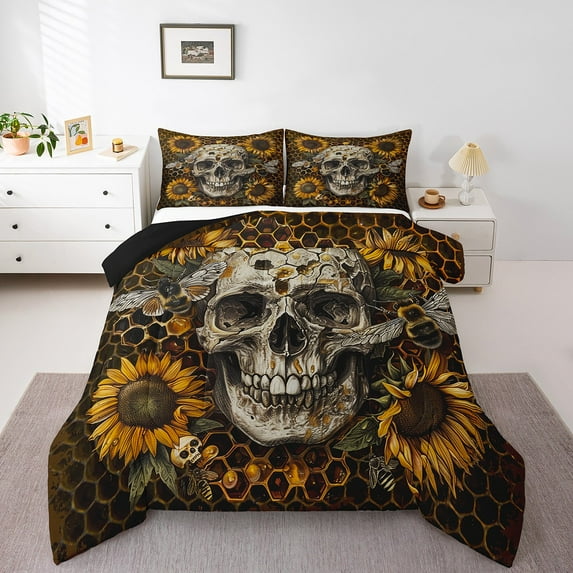 Sugar Skull Bedding King Size Gothic Style Comforter Set Geometric Honeycomb Bedding Comforter Sets Teens Boho Exotic Style Duvet Insert Yellow Sunflowers Halloween Decor Quilt