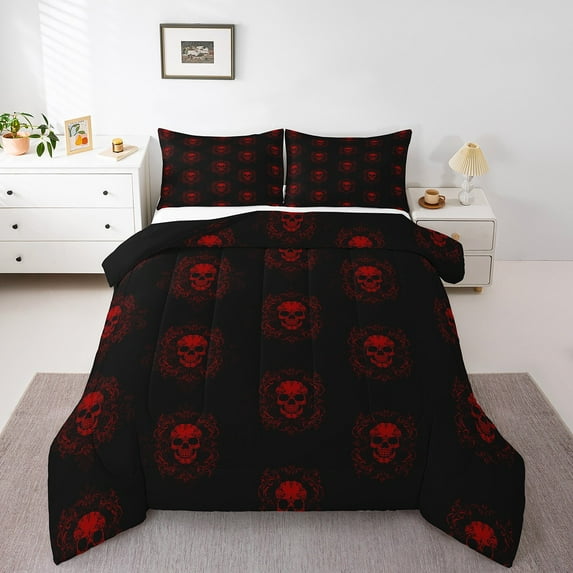 Sugar Skull Bedding Set For Boys, Black Red Damask Comforter Set Toddler Size Halloween Skeleton Bones Bedding Comforter Sets For Kids Teens Adult, Gothic Spooky Bohemian Exotic Quilt,1 Pillow Case