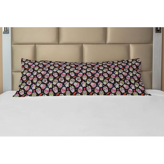 Sugar Skull Body Pillow Case Cover with Zipper, All Souls Day Floral Colorful Sugar Skulls Flowers on Dark Background Print, Decorative Accent Long Pillowcase, Multicolor, by Ambesonne