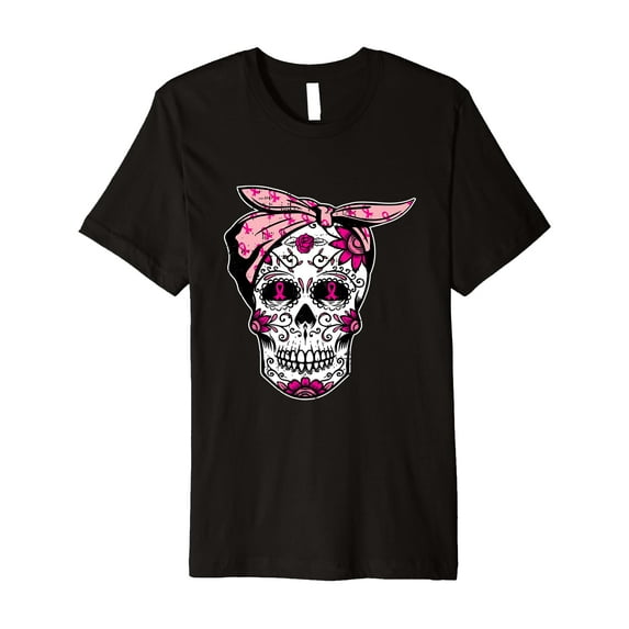 Sugar Skull Breast Cancer Awareness Pink Ribbon Premium T-Shirt