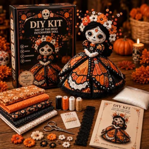 Sugar Skull Bride Patchwork Doll DIY Craft Set - Full Sewing Project with Floral Lace, Precut Fabric, Embroidery Spools, Needles, Guidebook, Ideal for Halloween Home Decor & Creative Display.