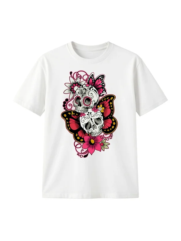 Sugar Skull Butterfly Floral Graphic T-Shirt, Day of the Dead Festival Tee