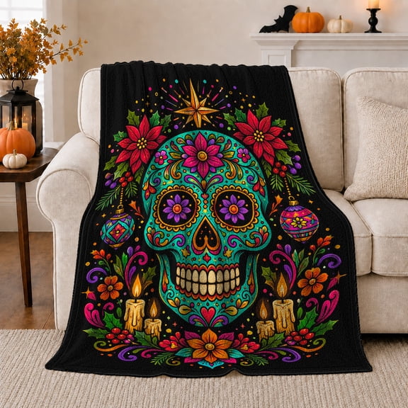Sugar Skull with Candles and Flowers, Mystical Folk Art Style for Skull Art Lovers, Rainbow Altar Scene and Halloween Gift, Soft Flannel Blanket for Bedroom and Living Room, Gothic Home Decor