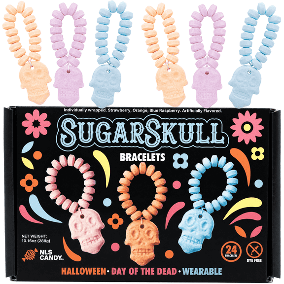 Sugar Skull Candy Bracelets, 24 Count, Blue Raspberry, Orange & Strawberry, 10.16 oz