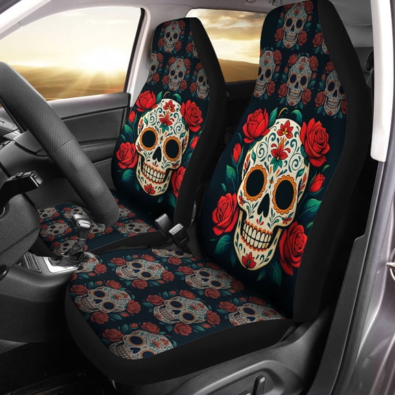 Sugar Skull Car Seat Covers – Gothic Floral Skull Auto Interior Decor, Tattoo Style Dark Aesthetic Car Seat Protector Set