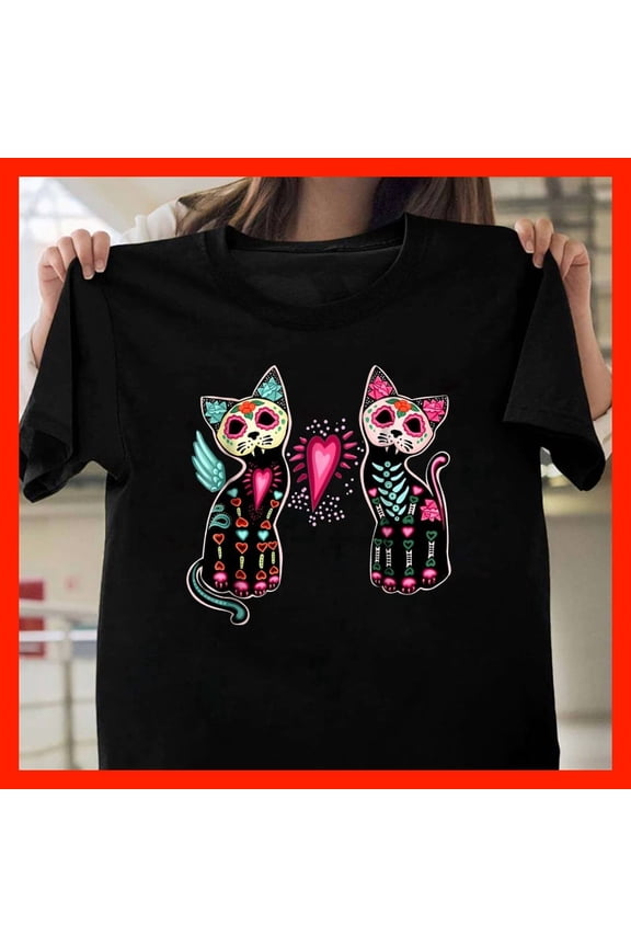 Sugar Skull Cat Couple T-Shirt, Day of the Dead Inspired Art, Whimsical Gothic Kitty Tee with Wings T484, for men and women, Extended Sizes Up to 5XL