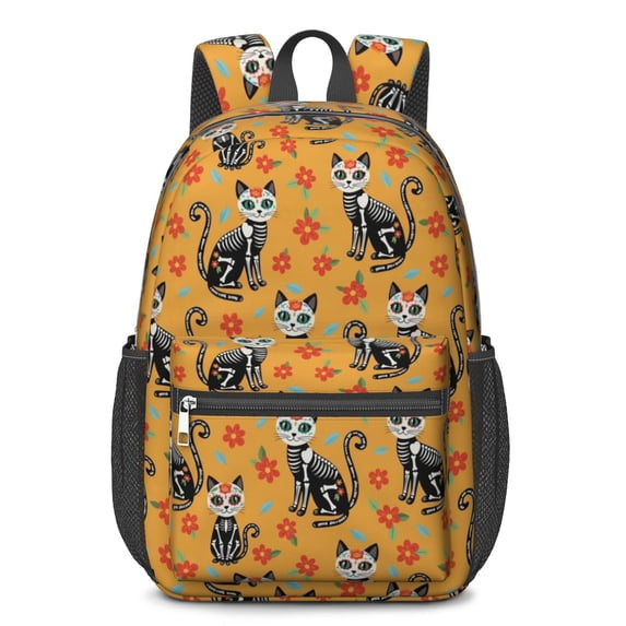 Sugar Skull Cat and Flower Yellow Pattern 17" Waterproof Oxford School Backpacks for Teens, S-Shape Padded Straps, for School, Travel, Hiking, Camping