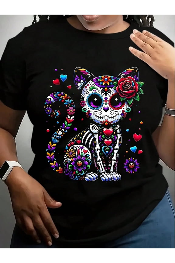 Sugar Skull Cat Women Short Sleeve 100% Cotton Vibrant Graphic T-Shirt