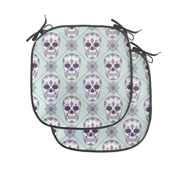 Sugar Skull Chair Seating Cushion Set of 4, Flower Pattern with Skulls on Geometric Floral Damask Background, Seat Pads for Office with Anti-slip Backing, 16"x16", Pale Blue Purple White, by Ambesonne