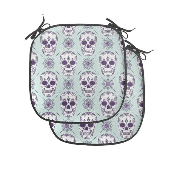 Sugar Skull Chair Seating Cushion Set of 4, Flower Pattern with Skulls on Geometric Floral Damask Background, Seat Pads for Office with Anti-slip Backing, 16"x16", Pale Blue Purple White, by Ambesonne