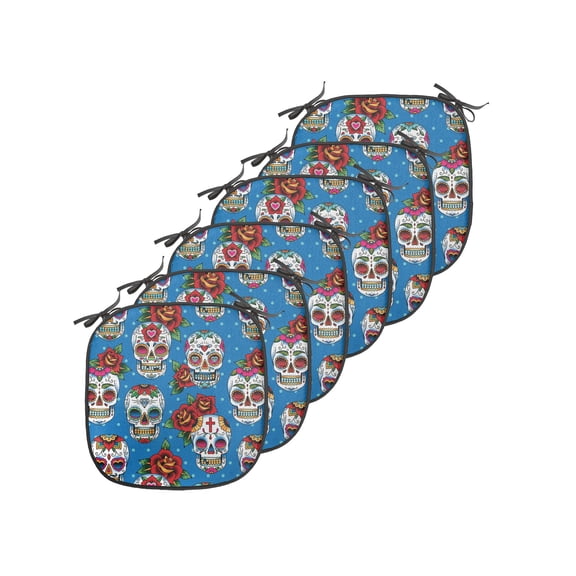 Sugar Skull Chair Seating Cushion Set of 6, Pattern Skulls and Roses in Floral Mexican Style Ornaments Print, Seat Pads for Office with Anti-slip Backing, 16"x16", Blue Red Ivory, by Ambesonne