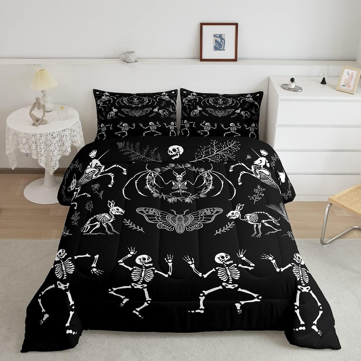 Sugar Skull Comforter Skeleton Bones Bedding,Gothic Moth Decor