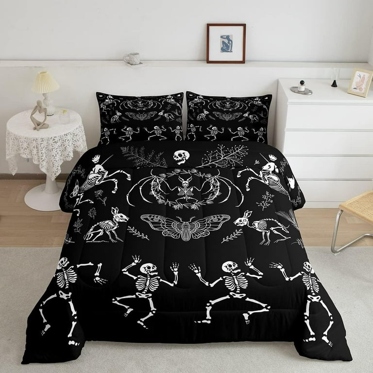 Full Size Sugar Skull Comforter Set Skeleton Bones Gothic Moth Decor Halloween Theme Walmart
