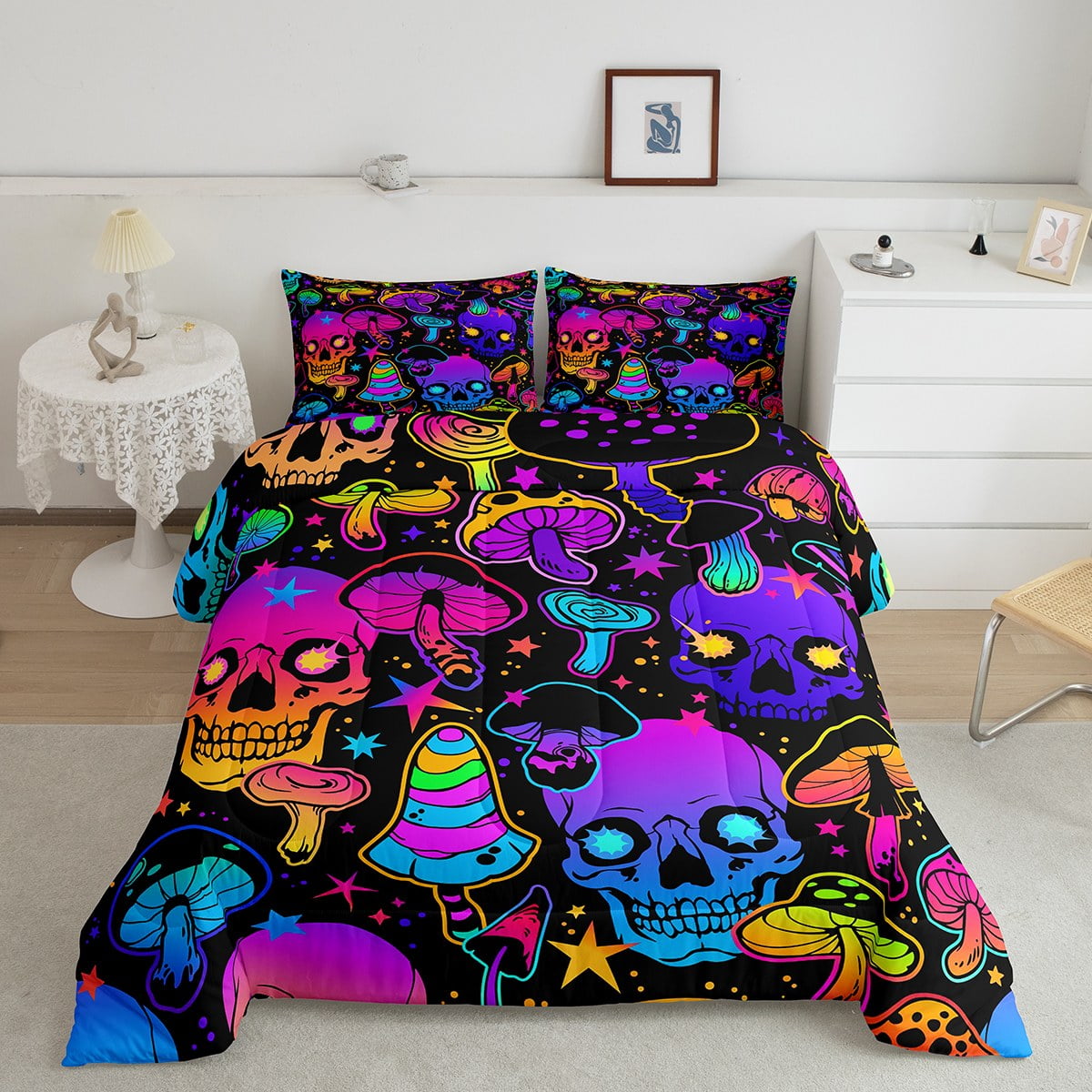 Sugar Skull Comforter Set Gothic Bedding Set King,Rainbow Mushroom
