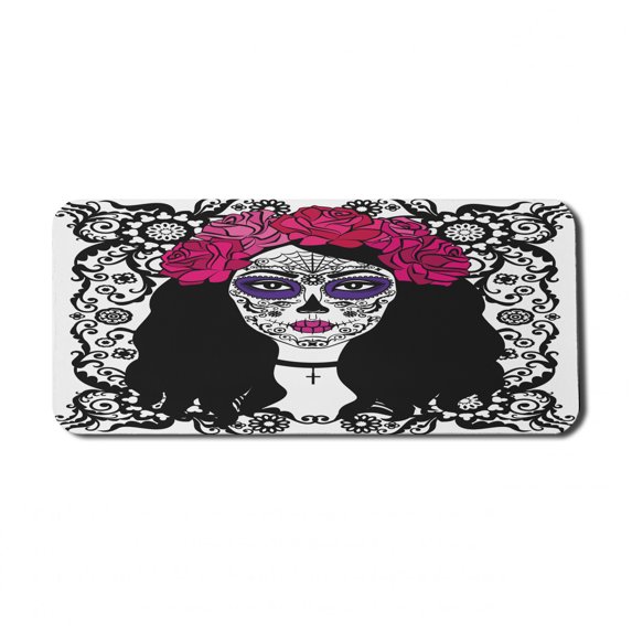 Sugar Skull Computer Mouse Pad, Girl Dia De Los Muertos Traditional Art Print Colorful Woman Design, Rectangle Non-Slip Rubber Mousepad X-Large, 35" x 15" Gaming Size, Black White Pink, by Ambesonne