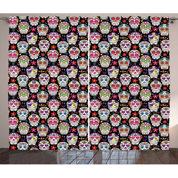 Ambesonne Sugar Skull Curtains 2 Panel Set, Skeleton Theme, 108" x 108", Multicolor