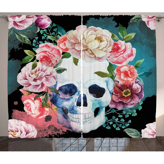 Ambesonne Sugar Skull Curtains 2 Panel Set, Watercolor Gothic, 108" x 96", Multicolor