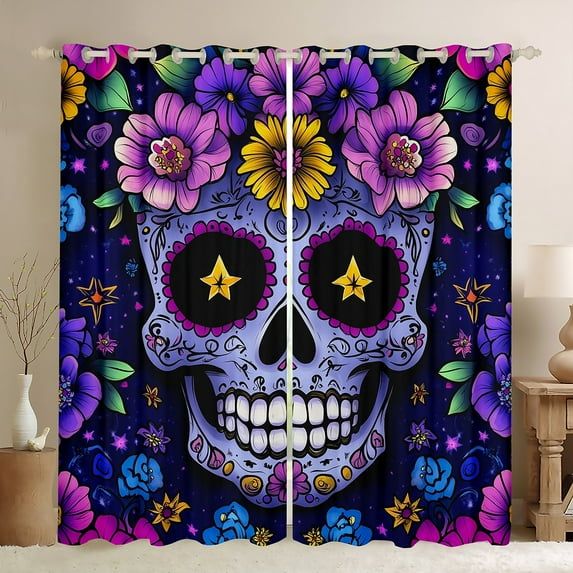 Sugar Skull Curtains,Goth Skeleton Bones Curtains & Drapes (52Wx84L) 2 Panels,Gothic Bohemian Floral 30%-50% Blackout Curtains,Halloween Horror Theme Window Curtains Teens Bedroom