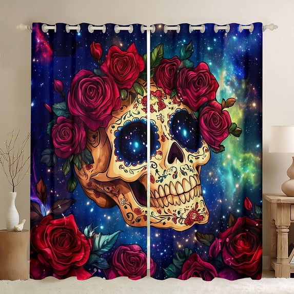 Sugar Skull Curtains Gothic Skeleton Bones 30%-50% Blackout Curtains,Red Romantic Rose Curtains & Drapes,Halloween Horror Theme Window Treatments Teens Room Decor 2 Panels,(42Wx63L) 2 Panels
