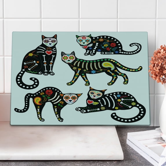 Sugar Skull Cutting Board, Calavera Inspired Ornate Black Cats Mexican Style Holiday the Day of the Dead, Decorative Tempered Glass Cutting and Serving Board, Large Size, Multicolor, by Ambesonne