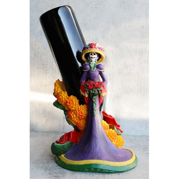 Sugar Skull Day of The Dead Lady Catrina Roses And Florals Wine Holder Figurine