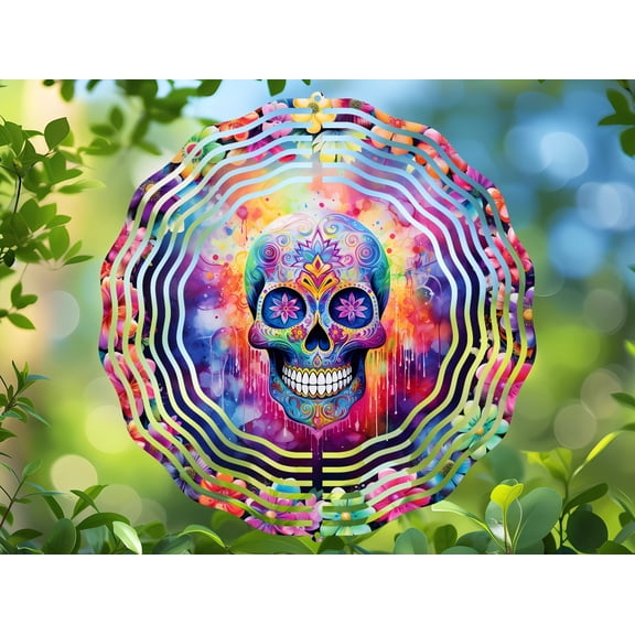 Sugar Skull Day of the Dead 3D Wind Spinner, Kinetic Stainless Steel Hanging Garden Decor