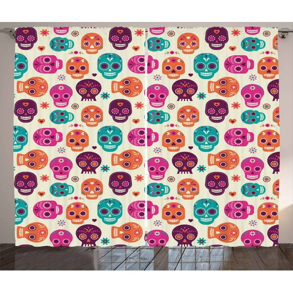 Ambesonne Sugar Skull Curtains 2 Panel Set, Hearts Flora, 108" x 90", Multicolor
