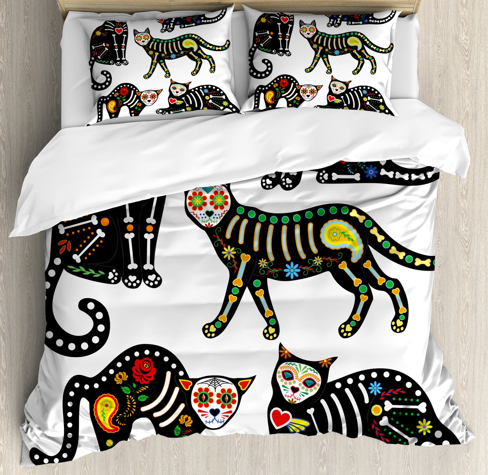 Queen Size Multicolor Sugar Skull Cat Duvet Cover Set