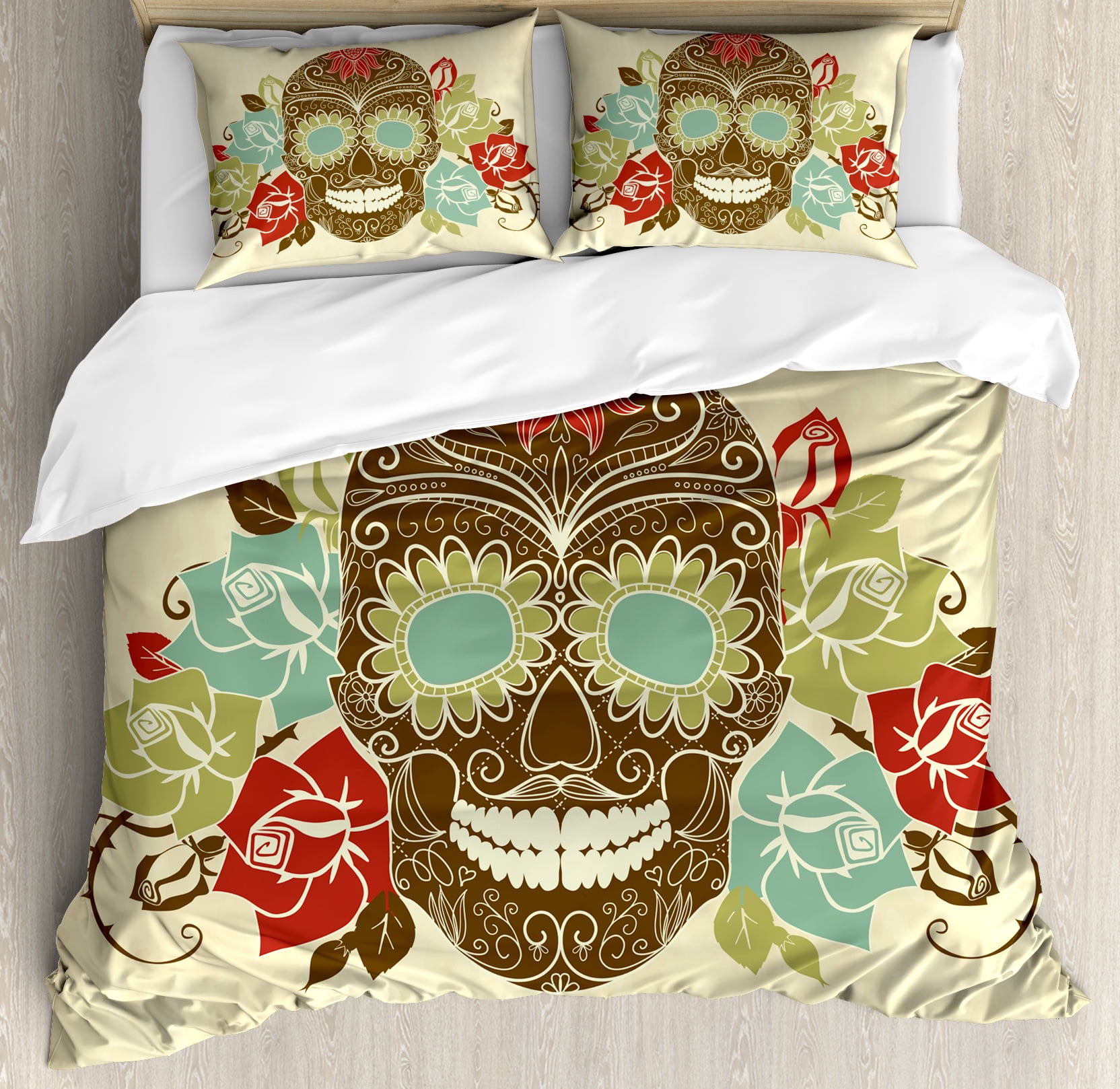 Multicolor Sugar Skull and Roses Queen Duvet Cover Set