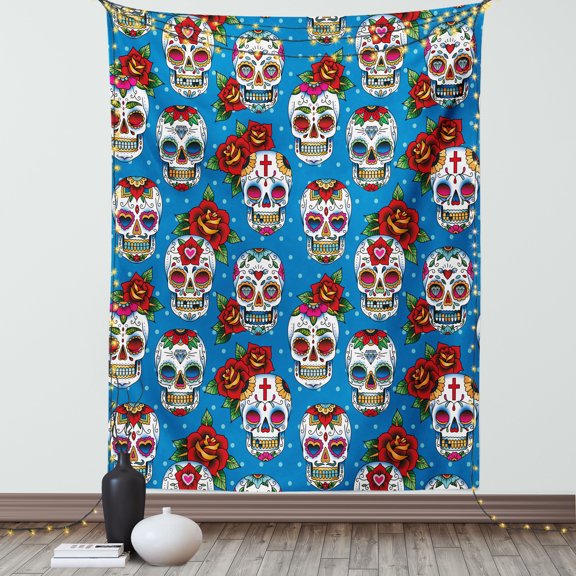 Sugar Skull Decor Tapestry, Retro Mexican Cultural Pattern on Polka Dots Rose Bouquets Skeletons, Wall Hanging for Bedroom Living Room Dorm Decor, 40W X 60L Inches, Multicolor, by Ambesonne