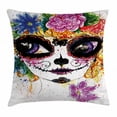 thumbnail image 1 of Sugar Skull Decor Throw Pillow Cushion Cover, Cultural Celebration Mexican Traditional Make Up Girl Face Watercolors, Decorative Square Accent Pillow Case, 24 X 24 Inches, Multicolor, by Ambesonne, 1 of 2