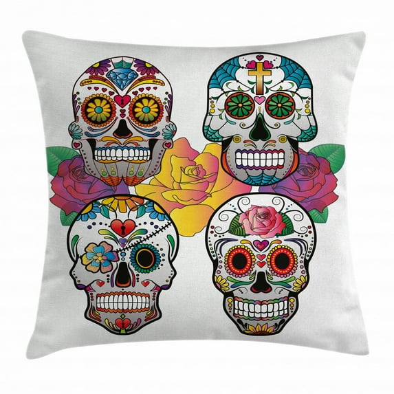 Sugar Skull Decor Throw Pillow Cushion Cover, Different Types of Skulls Rich Colorful Ornaments Roses Border Carnival, Decorative Square Accent Pillow Case, 18 X 18 Inches, Multicolor, by Ambesonne
