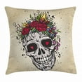 thumbnail image 1 of Sugar Skull Decor Throw Pillow Cushion Cover, Human Skull with Wreath of Roses and Wild Flowers Hearts Boho Chic Design, Decorative Square Accent Pillow Case, 18 X 18 Inches, Multicolor, by Ambesonne, 1 of 2