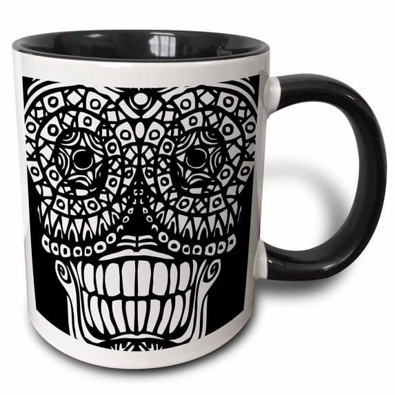 3drose, Sugar Skull Design in Black and White, 15oz Two-tone Black Mug