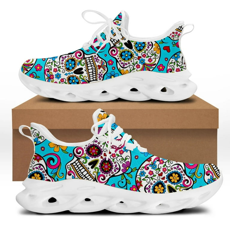 Sugar Skull Design Ladies Vulcanized Shoes Lightweight Lace Up