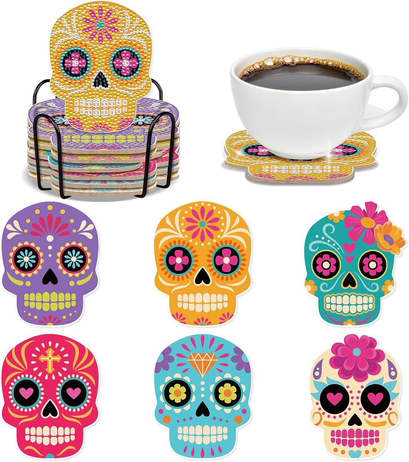 INCOK Skull Diamond Art Coasters Kit - 6 PCS DIY Sunflower Diamond Painting Coasters For Home Decor