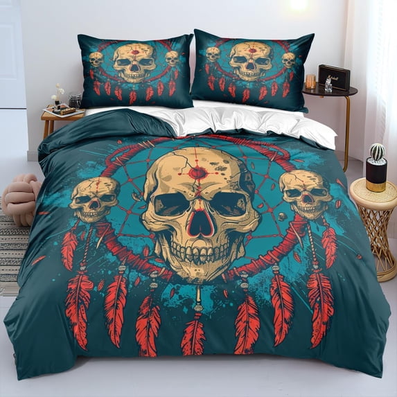 Sugar Skull Duvet Cover Red Boho Dreamcatcher Comforter Cover Tie Dye Human Skeleton Bone Bedding Set Man Adult Dream Catcher Feather Gothic Duvet Covers 3 Pieces Summer Washed Microfiber