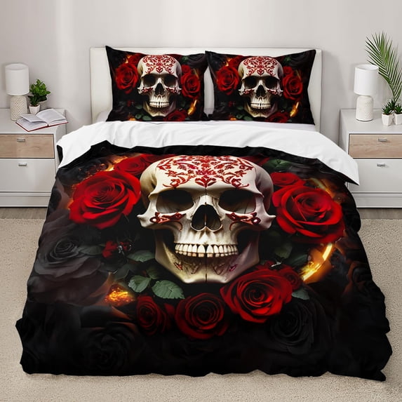 Sugar Skull Duvet Cover Set, 3D Red Rose Bedding Set Gothic Skull Comforter Cover Set,Floral Skeleton Duvet Cover Set 3 Pieces, 1 Quilt Cover and 2 Pillowcases