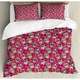 thumbnail image 1 of Sugar Skull Duvet Cover Set, All Saints Day Oriental Mexican Flowers Hearts Vibrant Design Print, Decorative 3 Piece Bedding Set with 2 Pillow Shams, Queen Size, Hot Pink Purple Green, by Ambesonne, 1 of 3
