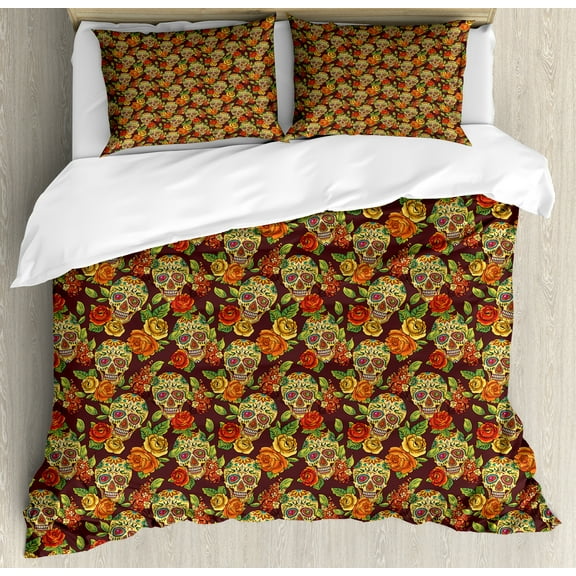 Sugar Skull Duvet Cover Set, Autumn Colored Flowers and Leaves Patterns in Smily Head Bones, Decorative 3 Piece Bedding Set with 2 Pillow Shams, Calking Size, Pale Green Yellow Orange, by Ambesonne