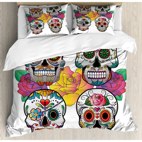 Sugar Skull Duvet Cover Set, Different Types of Skulls Rich and Colorful Ornaments Roses Border Carnival, Decorative 3 Piece Bedding Set with 2 Pillow Shams, Queen Size, Multicolor, by Ambesonne