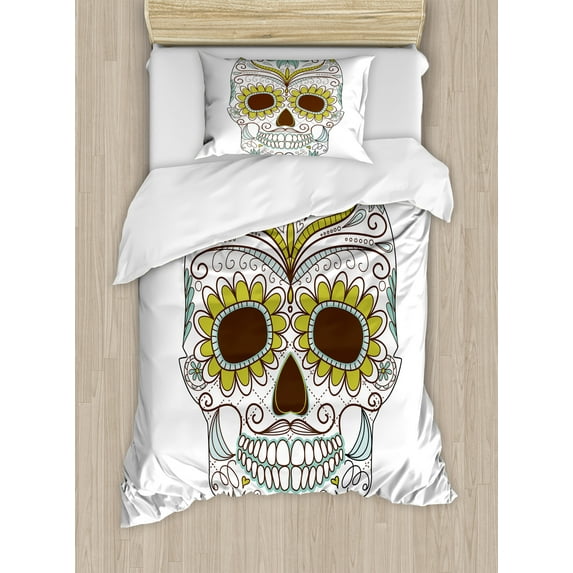 Sugar Skull Duvet Cover Set, Folkloric Calavera Elements Floral Day of the Dead Theme, Decorative 2 Piece Bedding Set with 1 Pillow Shams, Twin Size, Green Brown Seafoam, by Ambesonne