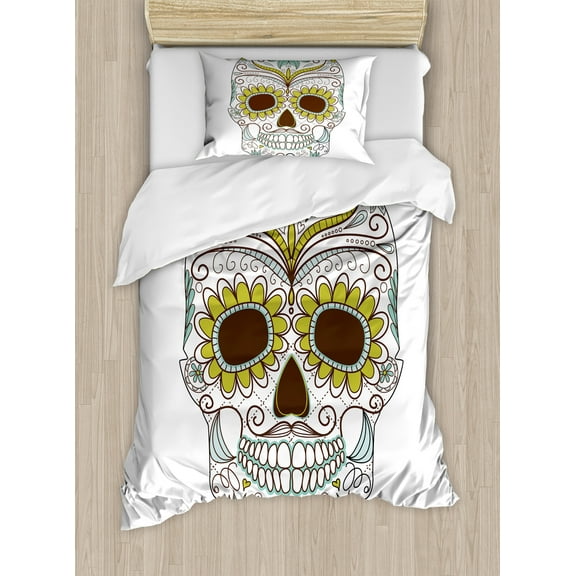 Sugar Skull Duvet Cover Set, Folkloric Calavera Elements Floral Day of the Dead Theme, Decorative 2 Piece Bedding Set with 1 Pillow Shams, Twin Size, Green Brown Seafoam, by Ambesonne