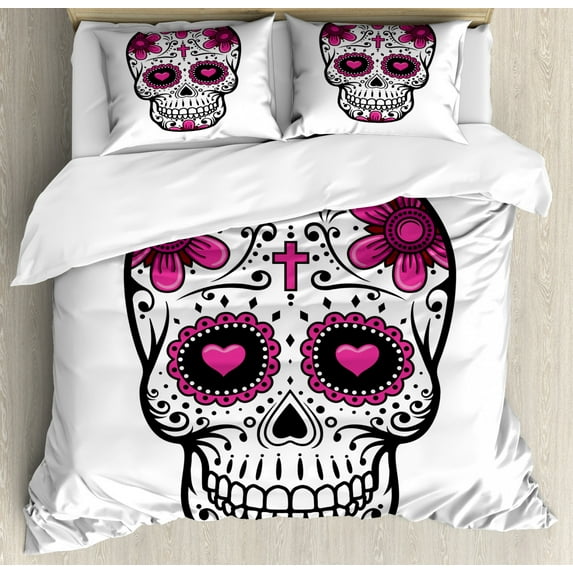Sugar Skull Duvet Cover Set King Size, Flowers and Hearts Swirls Cruciform Gothic Cultural Celebration Day, Decorative 3 Piece Bedding Set with 2 Pillow Shams, Hot Pink Black White, by Ambesonne